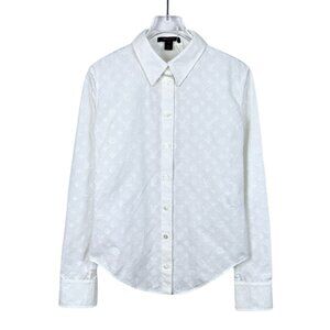 Louis Vuitton Womens White Monogram Embossed Cotton Button-Up Shirt Size 34